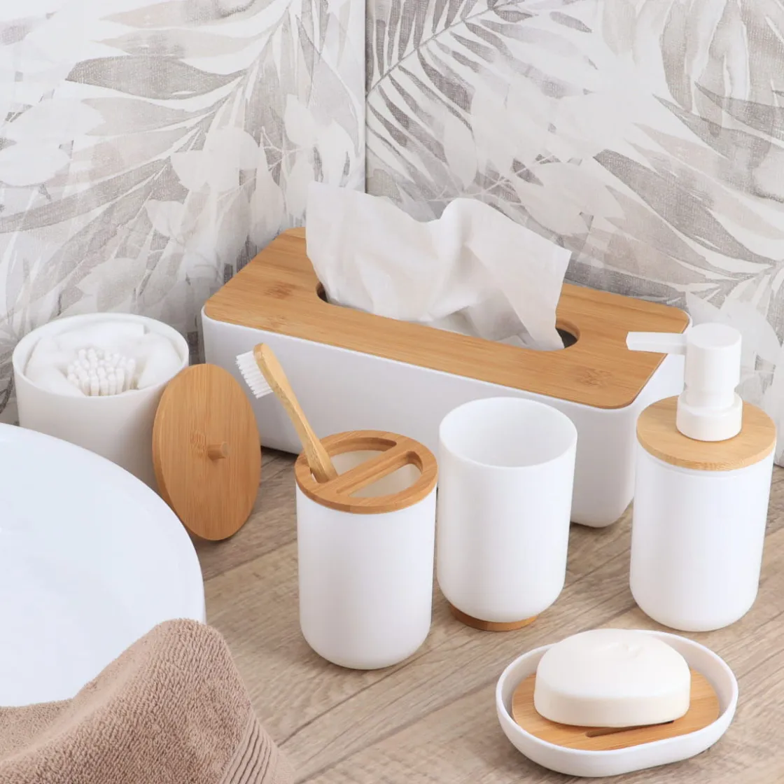Accesorios De Lavabo>Bote Blanco Con Tapa De Bambú