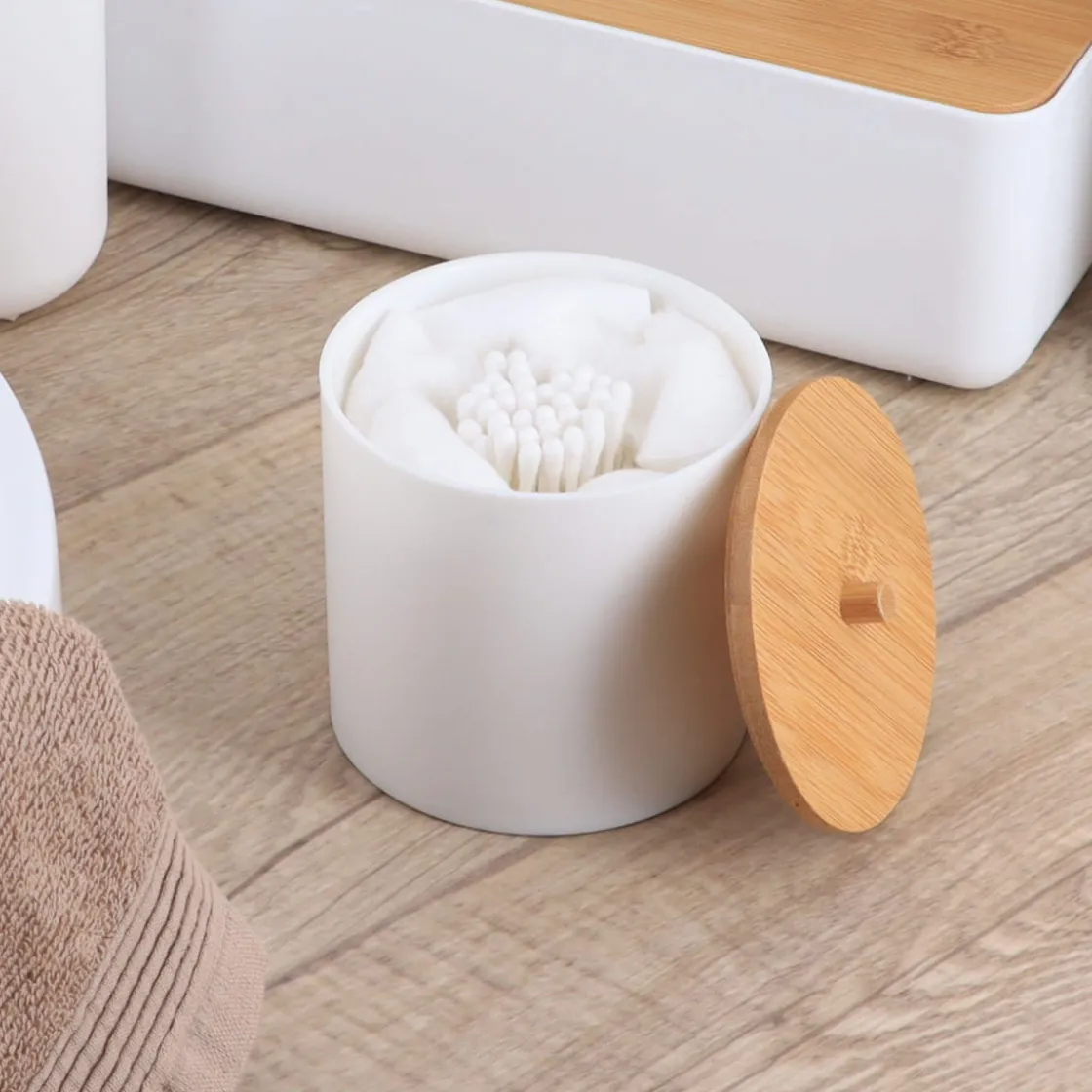 Accesorios De Lavabo>Bote Blanco Con Tapa De Bambú