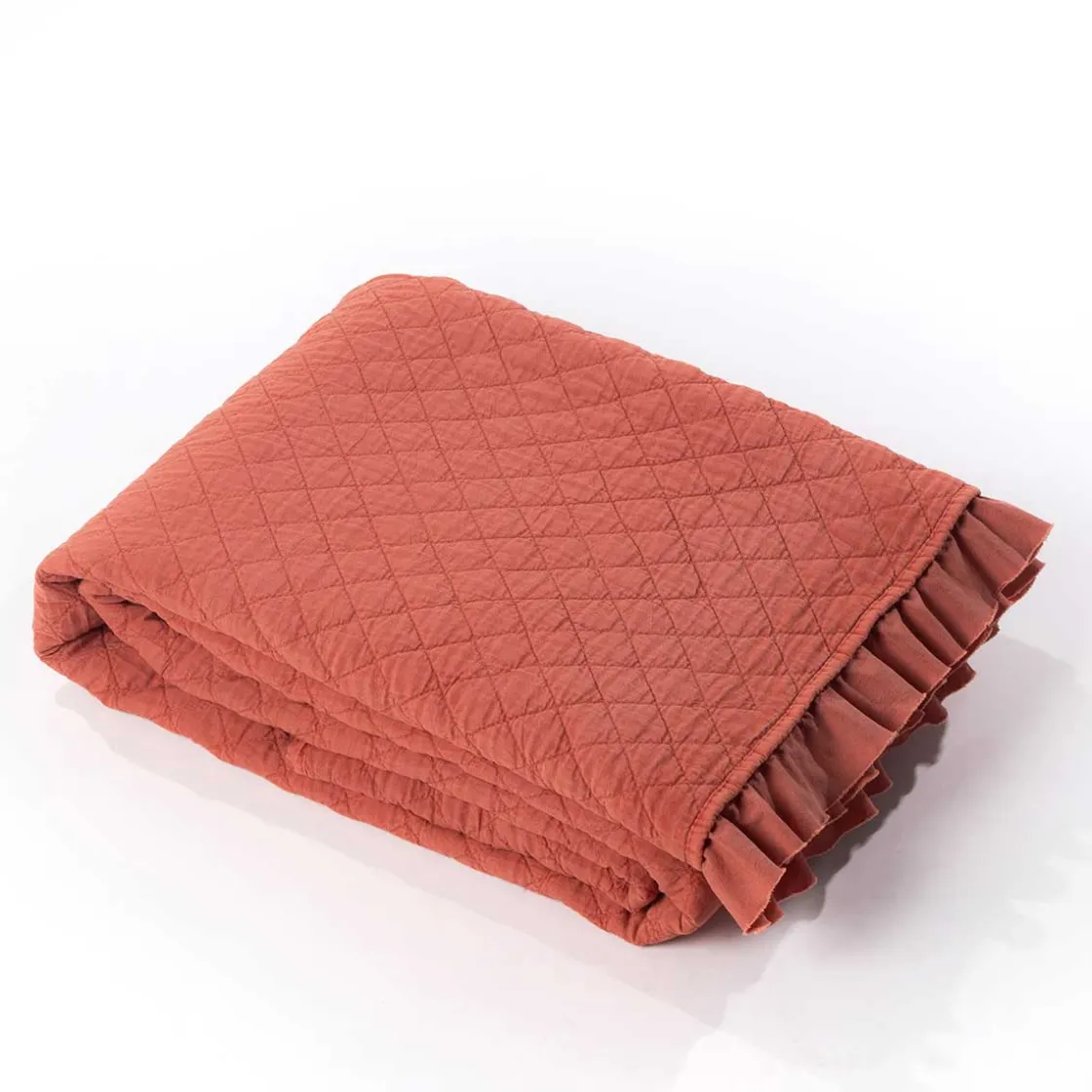 Edredones Y Colchas>Edredón STONEWASHED terracota con volante 220x240c