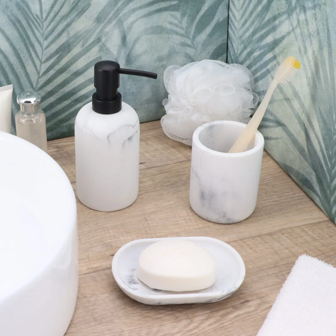 Accesorios De Lavabo>Jabonera de baño blanco efecto mármol