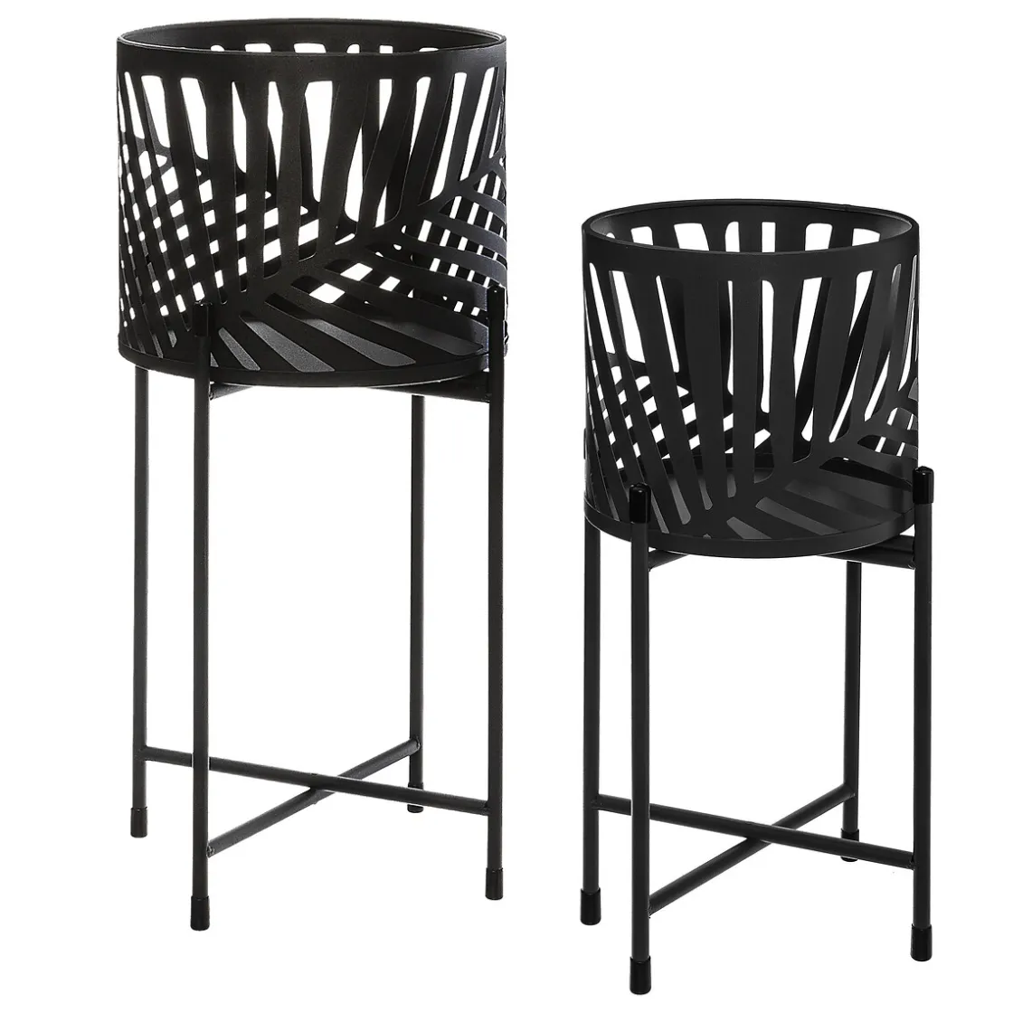 atmosphera Jarrones Y Vasos|Estilo Contemporaneo>Maceta Con Soporte Negro Con Decoración Hojas 54cm