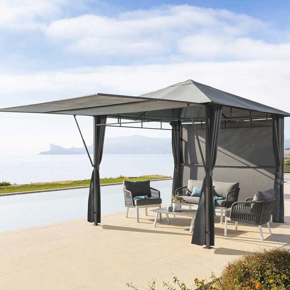hespéride Pérgolas>Pérgola OMELYA gris ardósia con cortinas 3x3m
