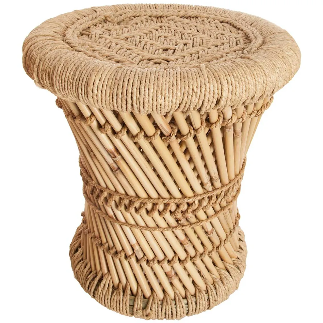 atmosphera Puff Y Banquitos|Estilo Étnico>Taburete beige de bambú y cuerda 32Cm