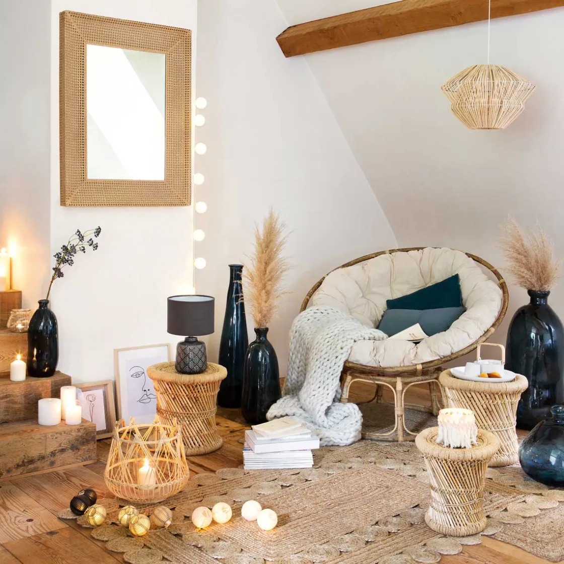 atmosphera Puff Y Banquitos|Estilo Étnico>Taburete beige de bambú y cuerda 32Cm