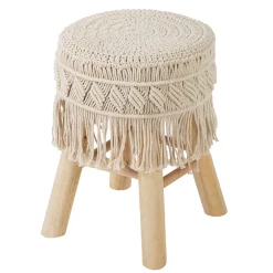 atmosphera Puff Y Banquitos|Estilo Étnico>Taburete De Macramé Patas Madera 32x42Cm
